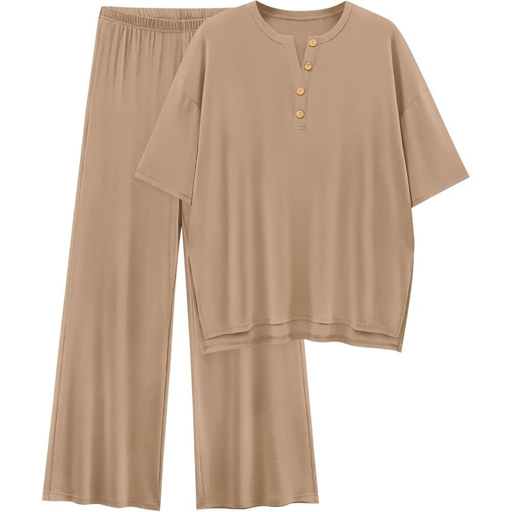 Women’s 2 Piece Lounge Set Short Sleeve Top Wide Leg Pants Summer Travel